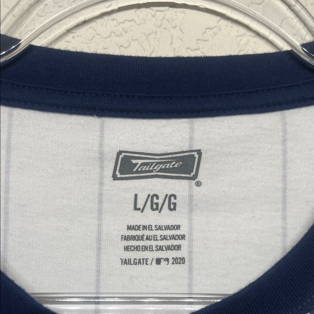 Braves Women's Size Large Short Sleeve Pinstripe Blue & White Tee - Picture 2 of 5